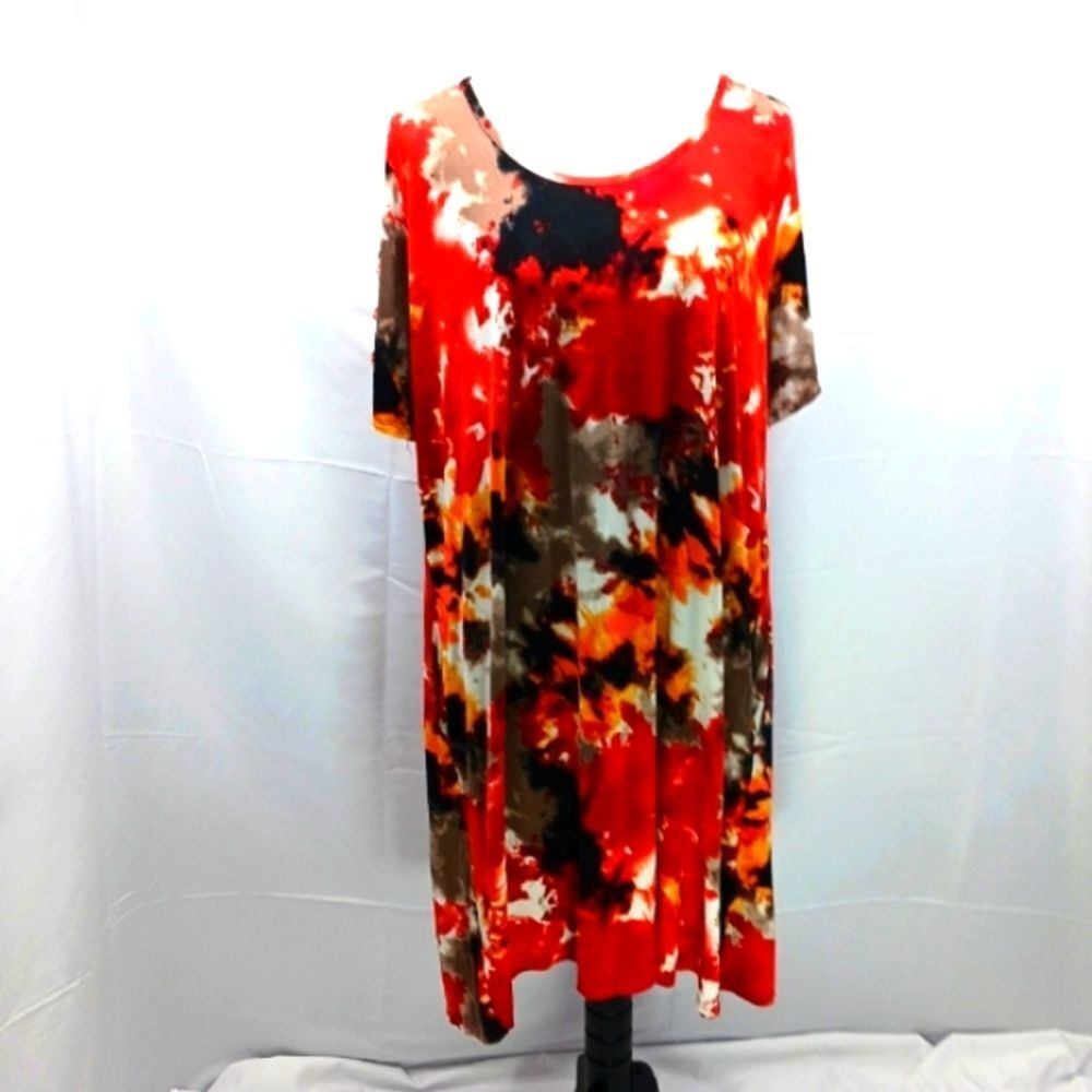French Laundry Midi Dress Vibrant Red-Based Tie-Dye Print Casual Womans XL......